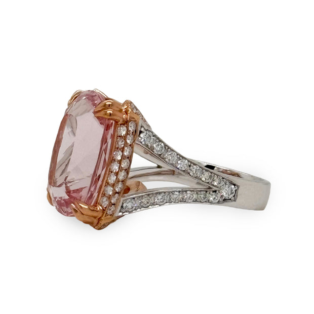 Dual-tone kunzite and diamond ring with rose gold gallery and white gold split shank band