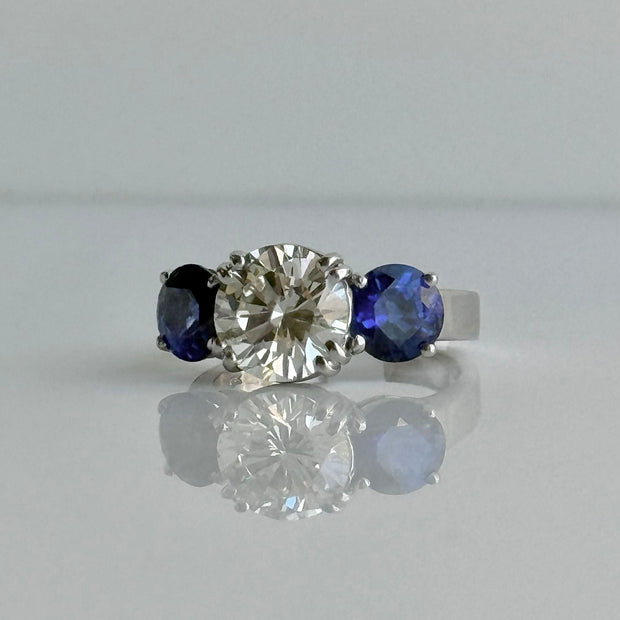 Diamond and Blue Sapphire 3 Stone Ring