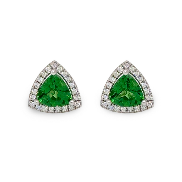 0.74 CTW Tsavorite with 0.09 CTW Diamond Halo Stud Earrings