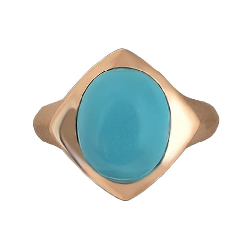 Close-up of vibrant Sleeping Beauty turquoise cabochon in 18k rose gold setting