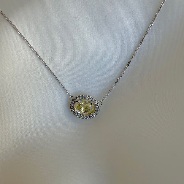 Fancy Oval Yellow & Diamond Halo Pendant in 18K White Gold