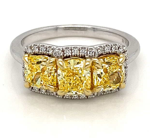 Fancy Yellow Three Stone Halo Ring