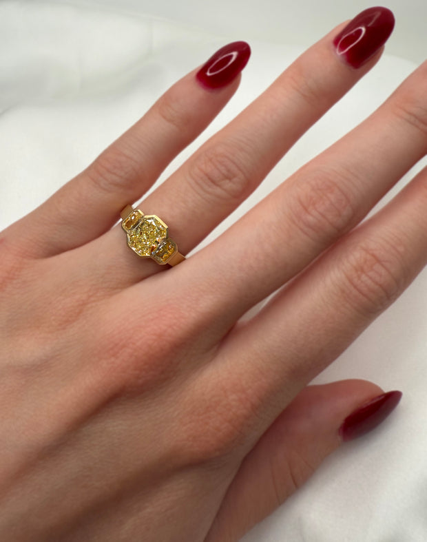 18K Yellow Gold Matte Finish 1.55 CT Radiant Yellow Diamond 0.60 CTW Side Yellow Diamonds