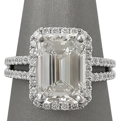 GIA K VVS2 Emerald Cut 4.76ct Diamond Split Shank Halo Ring