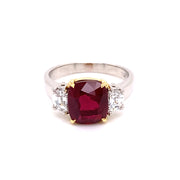 4.03 CT Cushion Cut Madagascar Ruby and 1.17 CTW Trillion and Round Brilliant Cut Diamond Ring, GRS Certified Madagascar Ruby set in Platinum
