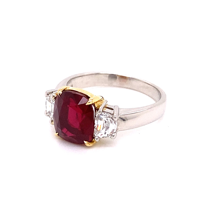 4.03 CT Cushion Cut Madagascar Ruby and 1.17 CTW Trillion and Round Brilliant Cut Diamond Ring, GRS Certified Madagascar Ruby set in Platinum