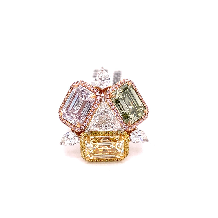 2.01 CT Pink, 2.10 CT Yellow, and 2.03 CT Green with .73 CTW Trillion Cut Diamond Ring set in 18 KRG