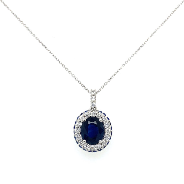 2.23 ct Sapphire Pendant with 0.41 ctw Diamond and 0.29 Sapphire Halo 18k White Gold Necklace