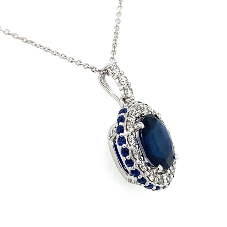 2.23 ct Sapphire Pendant with 0.41 ctw Diamond and 0.29 Sapphire Halo 18k White Gold Necklace