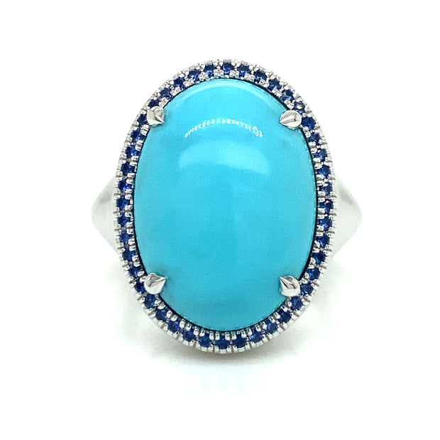 8.58 ct Turquoise with 0.24 ctw Sapphires in 18k White Gold Ring