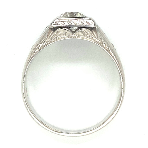 Vintage 1.00 ct Round Brilliant Diamond Ring with 0.22 ctw Baguette Diamonds in 18k White Gold