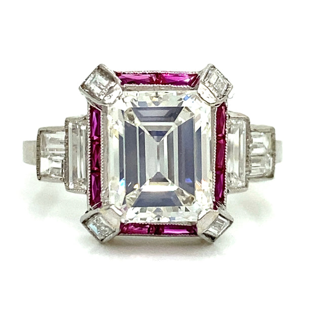 Antique 2.02 ct Emerald Cut Diamond with 0.60 ct Ruby Side Stones