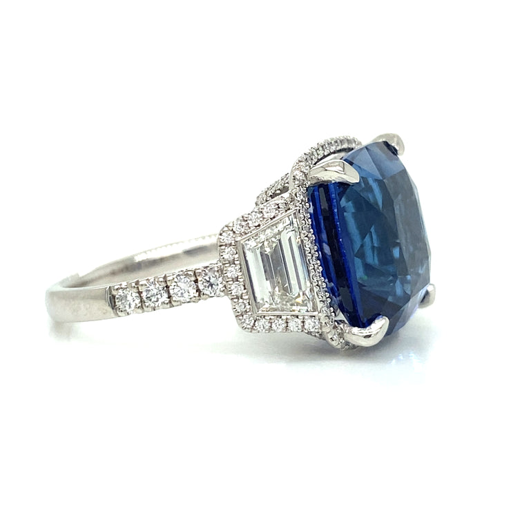 8.43 ct Natural Blue Sri Lanka Sapphire with 1.38 ctw Diamond Side Stones set in Platinum Ring