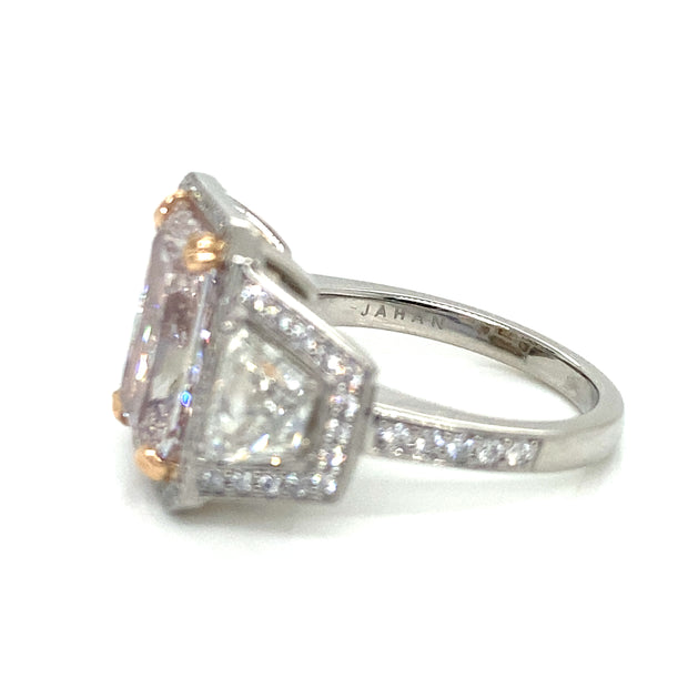 3.53 ct Pink Diamond with 1.00 ctw Trapezoid Diamond Side Stones set on Platinum Ring