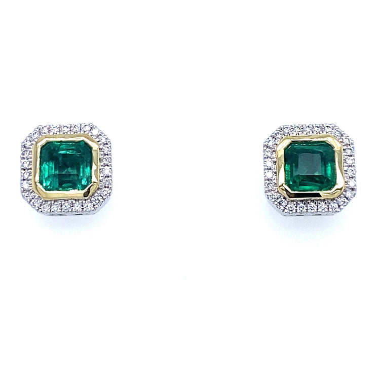 1.77 ctw Green Emeralds with 0.18 ctw Diamond Halo Stud Earrings