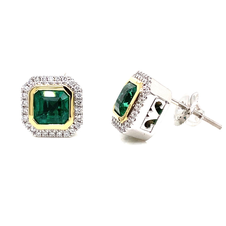 1.77 ctw Green Emeralds with 0.18 ctw Diamond Halo Stud Earrings