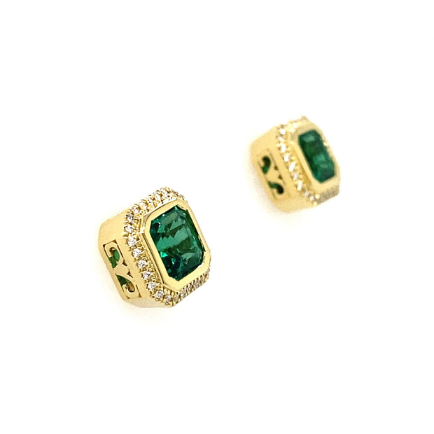 1.83 ctw Green Emeralds with 0.10 ctw Diamond Halo Stud Earrings