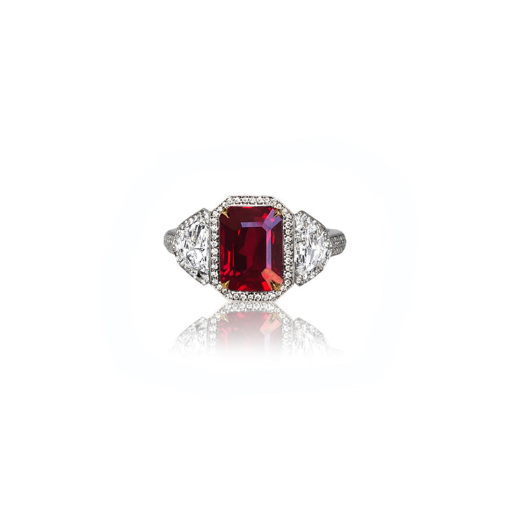 3.01 CT Oval Cut Burmese Ruby and 1.17 CTW Trillion and Round Brilliant Cut Diamond Ring; GIA, AGL, and GRS Certified Burma Ruby set in Platinum
