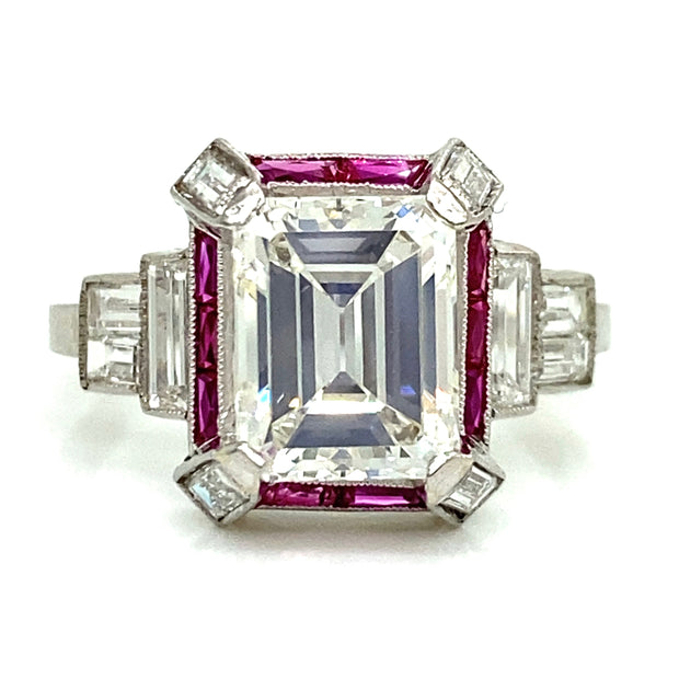  One-of-a-kind antique emerald cut diamond and ruby engagement ring 