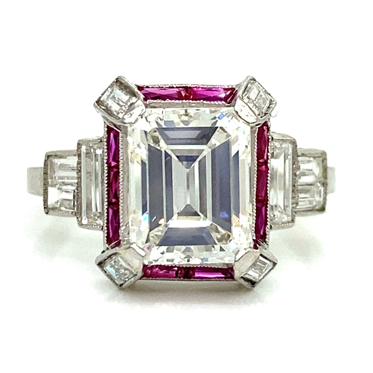  One-of-a-kind antique emerald cut diamond and ruby engagement ring 