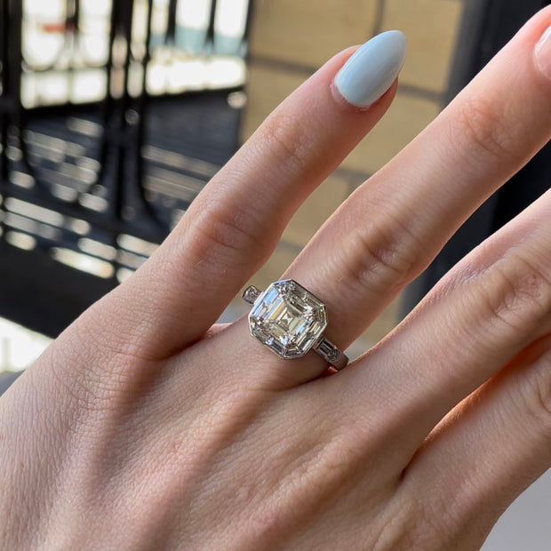 2.01 CT Asscher Cut with 0.81 CT Side Bagguettes Mounted on Platinum Ring