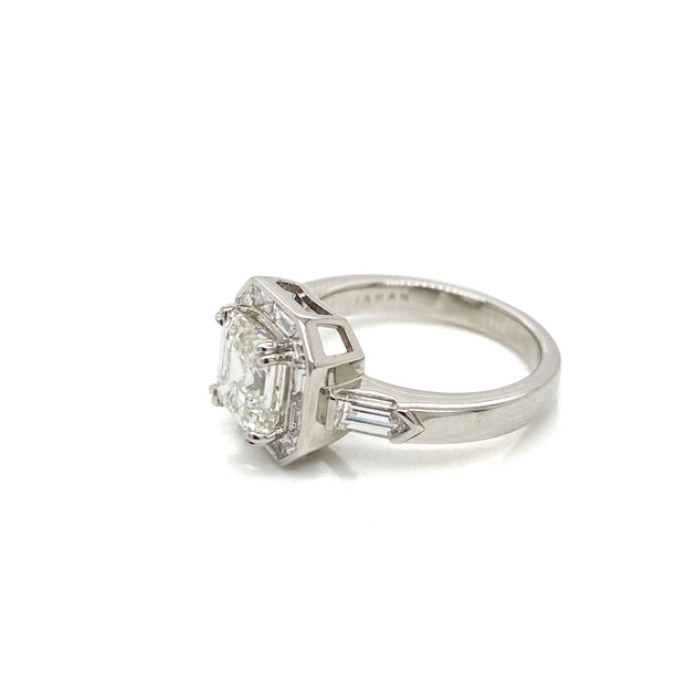2.01 CT Asscher Cut with 0.81 CT Side Bagguettes Mounted on Platinum Ring