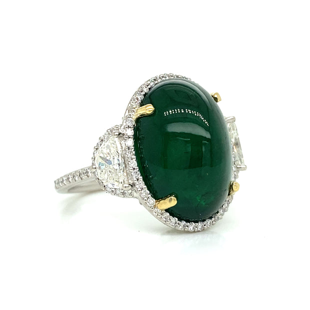 10.65 ct Cabochon Emerald with 1.22 ctw Diamond Side Stones set in Platinum Ring