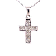 A close detail of this princess-cut diamond cross pendant.