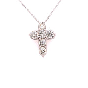 14K white gold necklace featuring a cross pendant with round brilliant cut diamonds set in it.