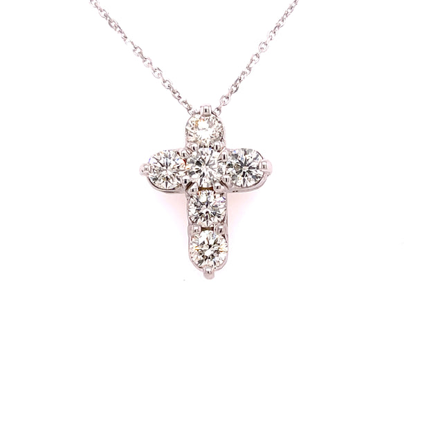 14K white gold necklace featuring a cross pendant with round brilliant cut diamonds set in it.