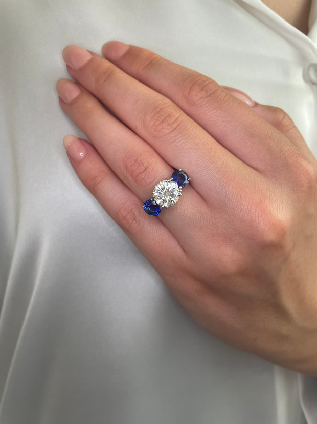 Diamond and blue sapphire 3 stone ring
