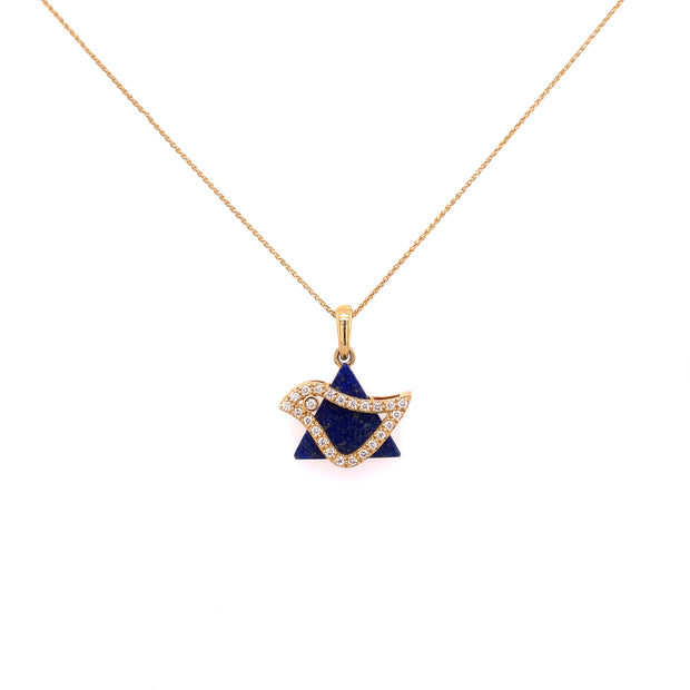 Details of the diamond and lapis dove motif pendant.