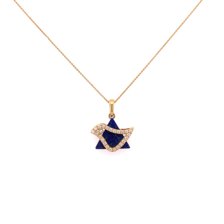 Details of the diamond and lapis dove motif pendant.