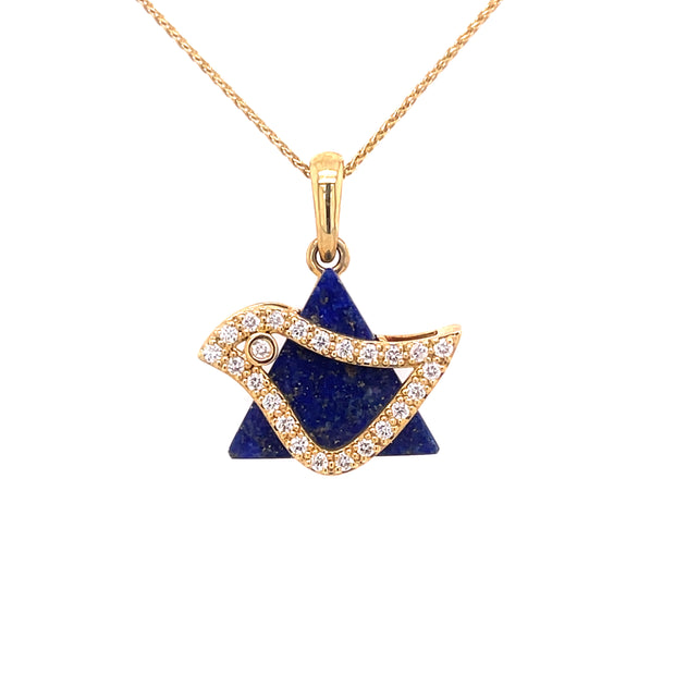 This Star of David Dove Necklace features 0.18 CTW of sparkling diamonds, beautifully set in 18k Yellow Gold. 