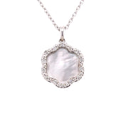 A Mother of Pearl and Diamond Daniella Necklace with a Mother of Pearl centerpiece and diamond accents, crafted in 18K white gold.