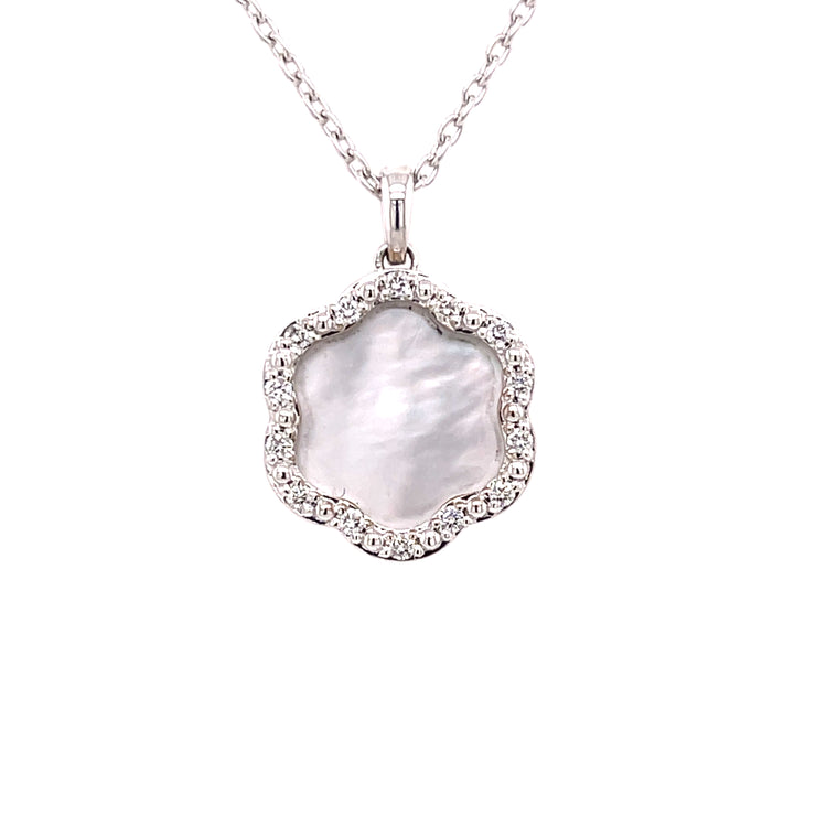 A Mother of Pearl and Diamond Daniella Necklace with a Mother of Pearl centerpiece and diamond accents, crafted in 18K white gold.