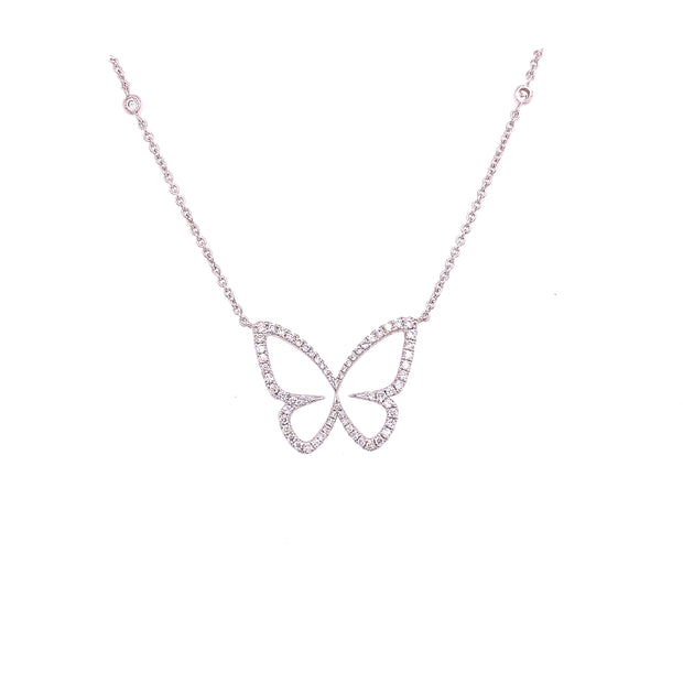 White gold butterfly pendant necklace in natural diamonds.