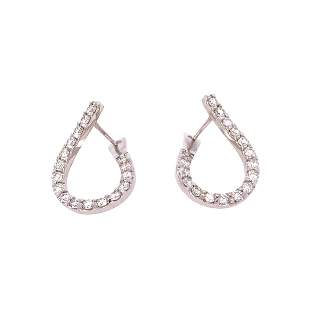 A pair of teardrop-shaped hoop earrings with round brilliant cut diamonds set in 14k White Gold.