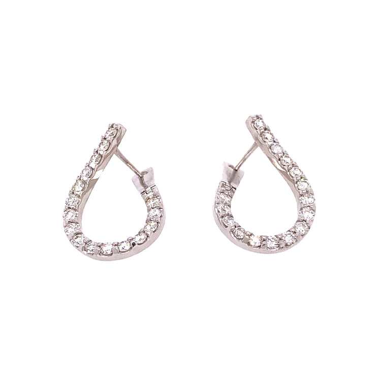 A pair of teardrop-shaped hoop earrings with round brilliant cut diamonds set in 14k White Gold.