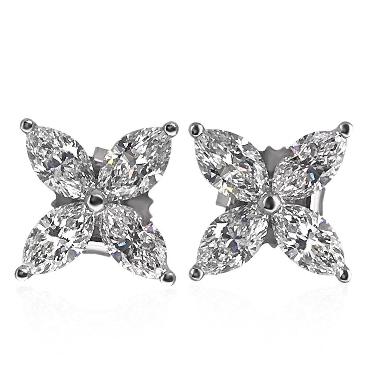 A detailed look at the marquise diamond stud earrings. 