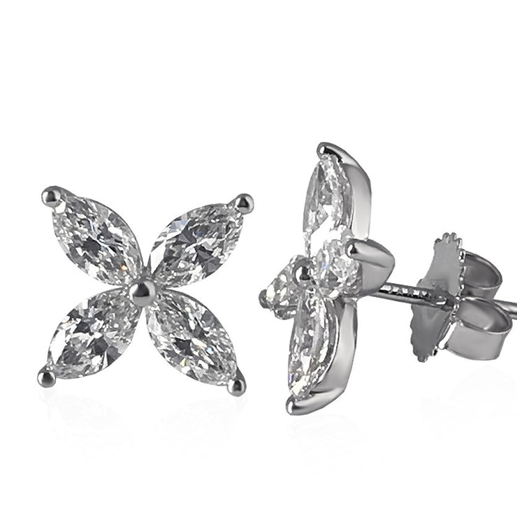 A pair of platinum marquise diamond stud earrings with a total weight of 2.15 carats.