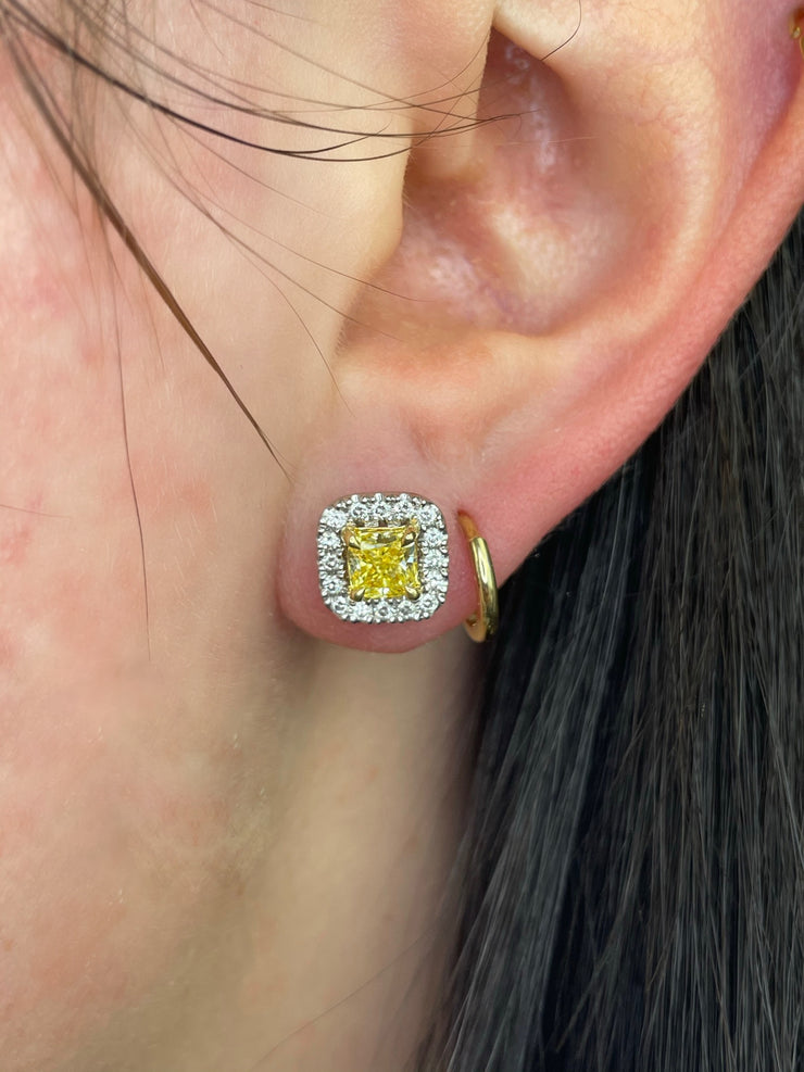 Fancy Yellow Diamond Halo Stud Earrings