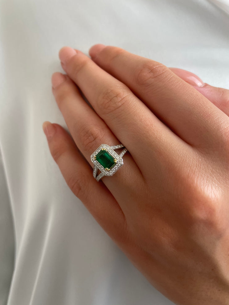 Emerald With Diamond Halo and Split Shank Ring