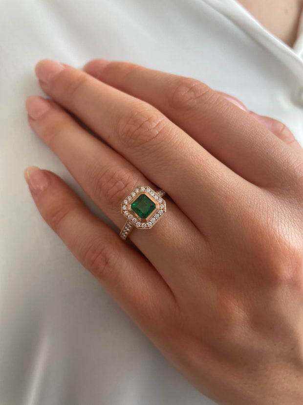 Emerald and diamond rose gold ring