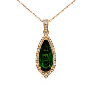 A pear-shaped green tourmaline necklace with a diamond halo and bail set in 18k rose gold.