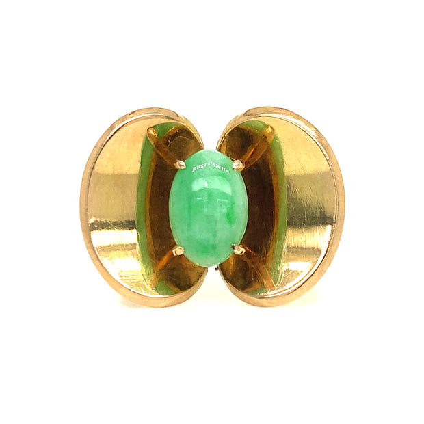 Mid Century Apple Green Jade Flower Ring in 14k Yellow Gold Modern Ring