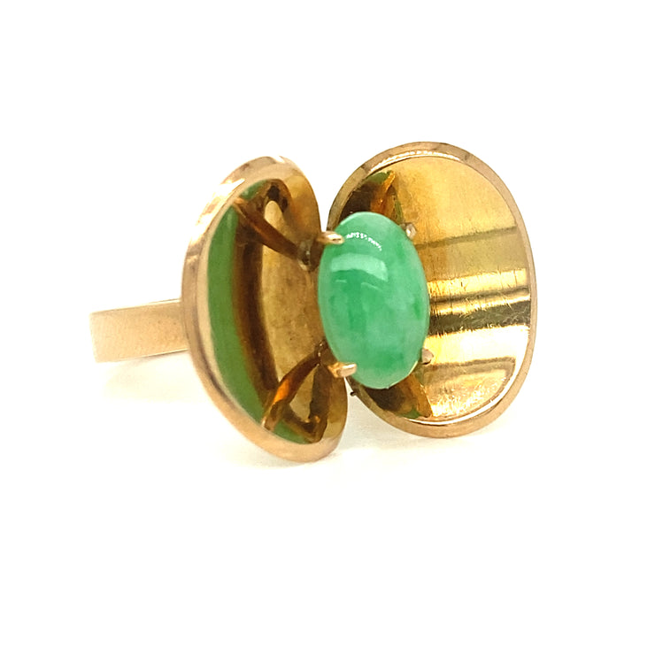 Mid Century Apple Green Jade Flower Ring in 14k Yellow Gold Modern Ring