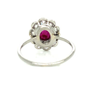 Victorian Ruby Cabochon Center Stone with Old Mine Cut Diamond Halo in Platinum