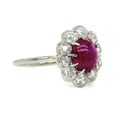 Victorian Ruby Cabochon Center Stone with Old Mine Cut Diamond Halo in Platinum