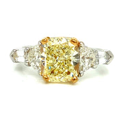2.62 Fancy Yellow Cushion Cut Diamond Engagement Ring with Trapezoid and Bullet Cut Side Stones